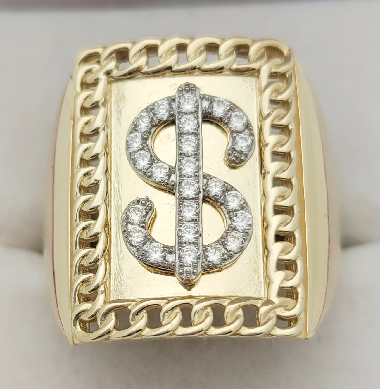 Men's 10k Yellow Gold Dollar Sign Ring $ Ring Cuban Link Rim