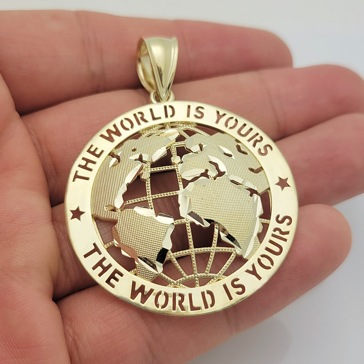 10K Yellow Gold World Map Pendant Globe Charm 2.1 inch