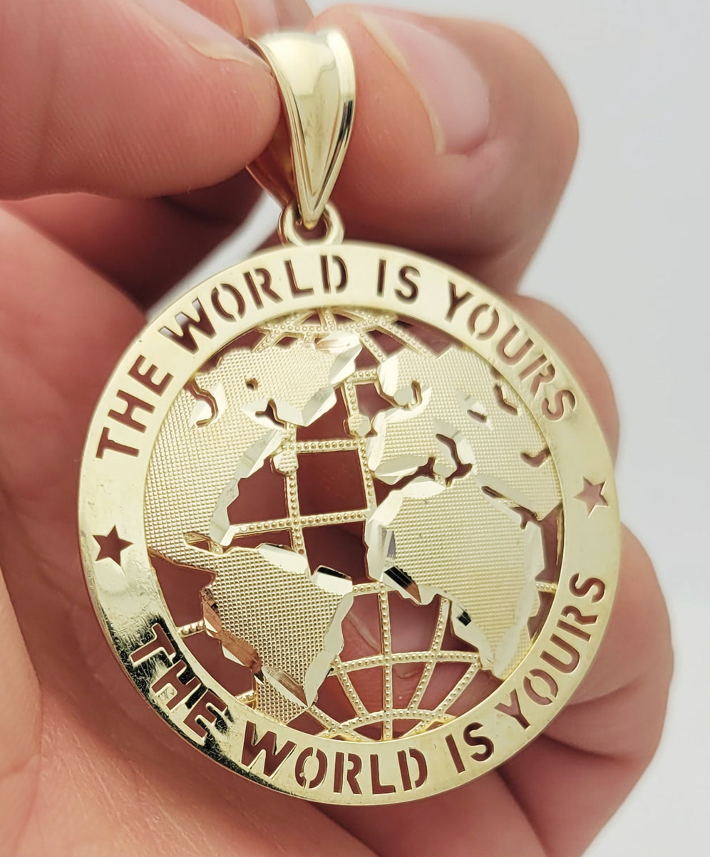 10K Yellow Gold World Map Pendant Globe Charm 2.1 inch