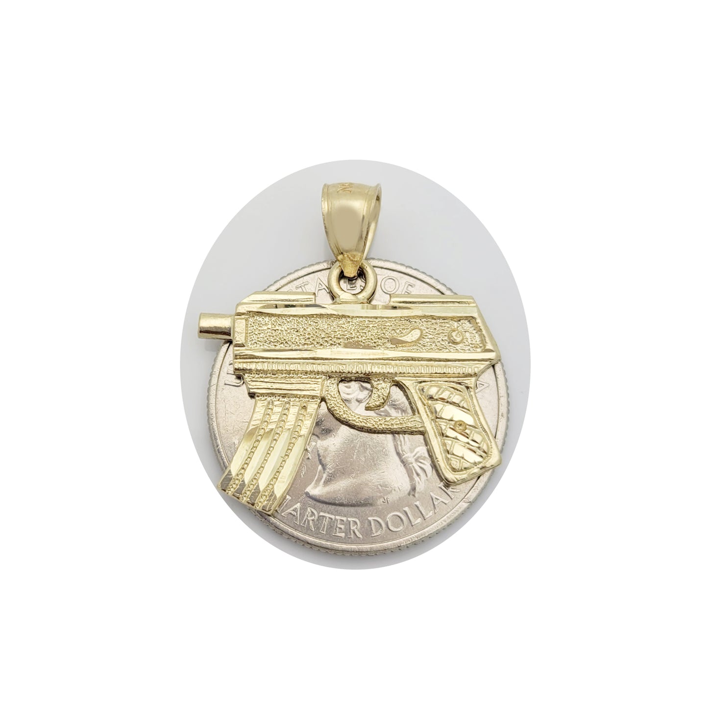 10K Yellow Gold Diamond Cut Uzi Gun Necklace Pendant 1.0 in x 0.9 in