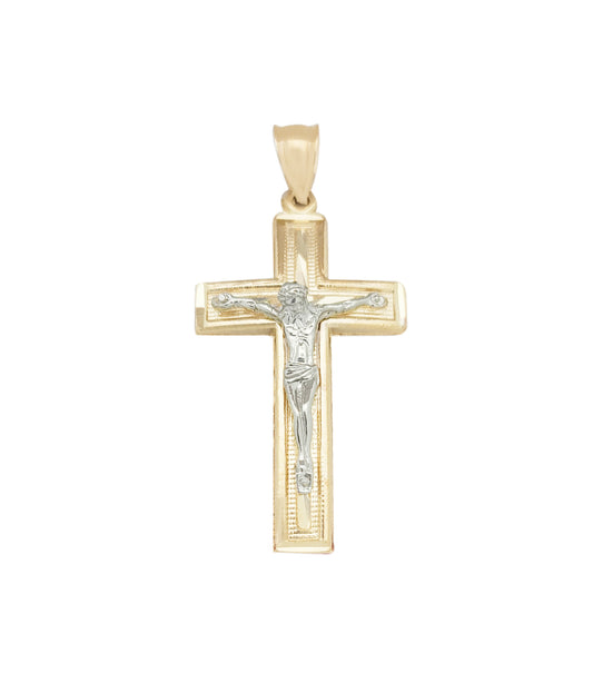 Mens 10k Yellow Gold White Gold Two Tone Cross Pendant Diamond Cut 2.1 inch