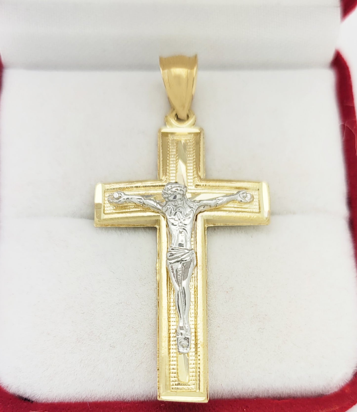 Mens 10k Yellow Gold White Gold Two Tone Cross Pendant Diamond Cut 2.1 inch