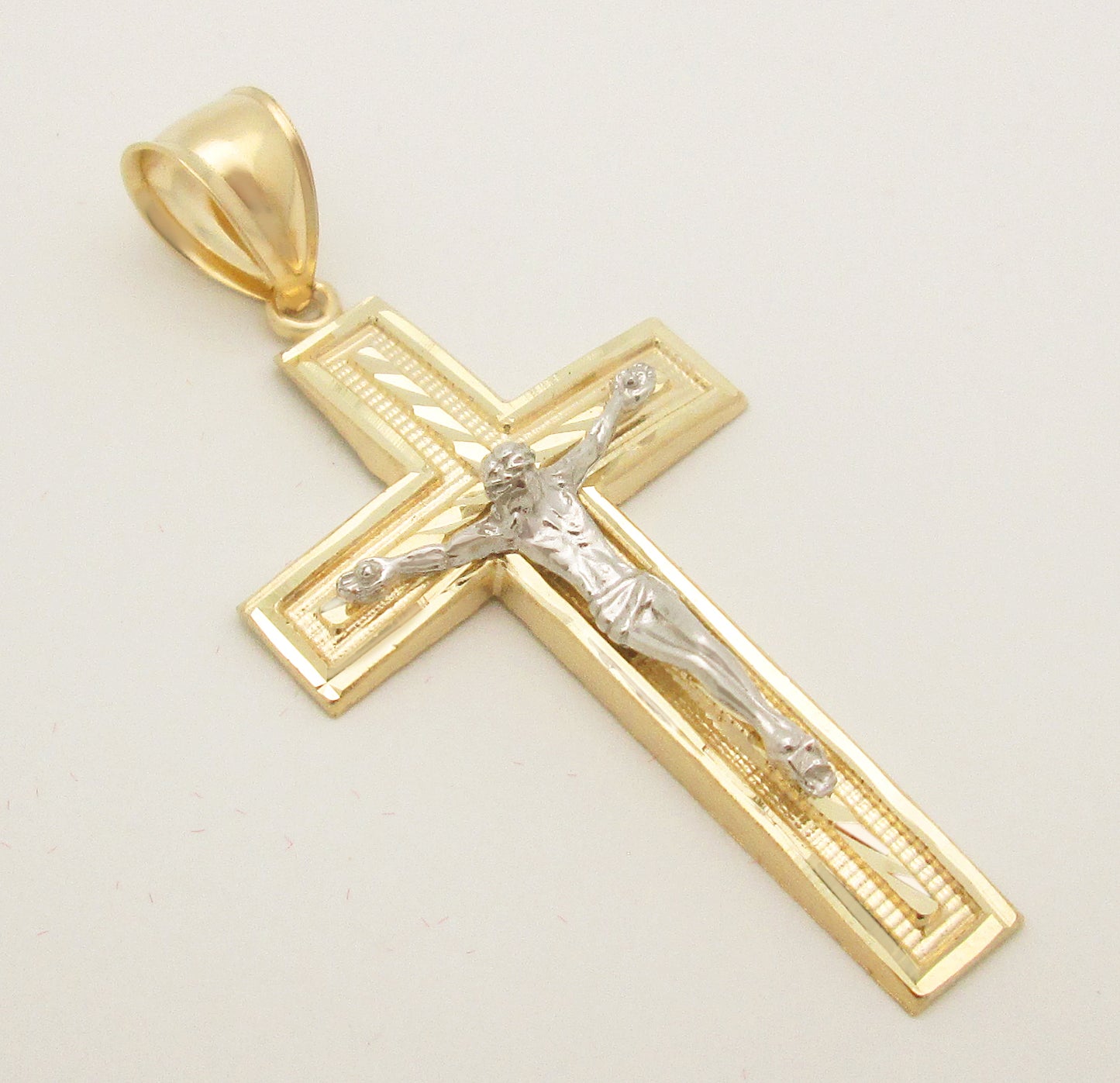 Mens 10k Yellow Gold White Gold Two Tone Cross Pendant Diamond Cut 2.1 inch