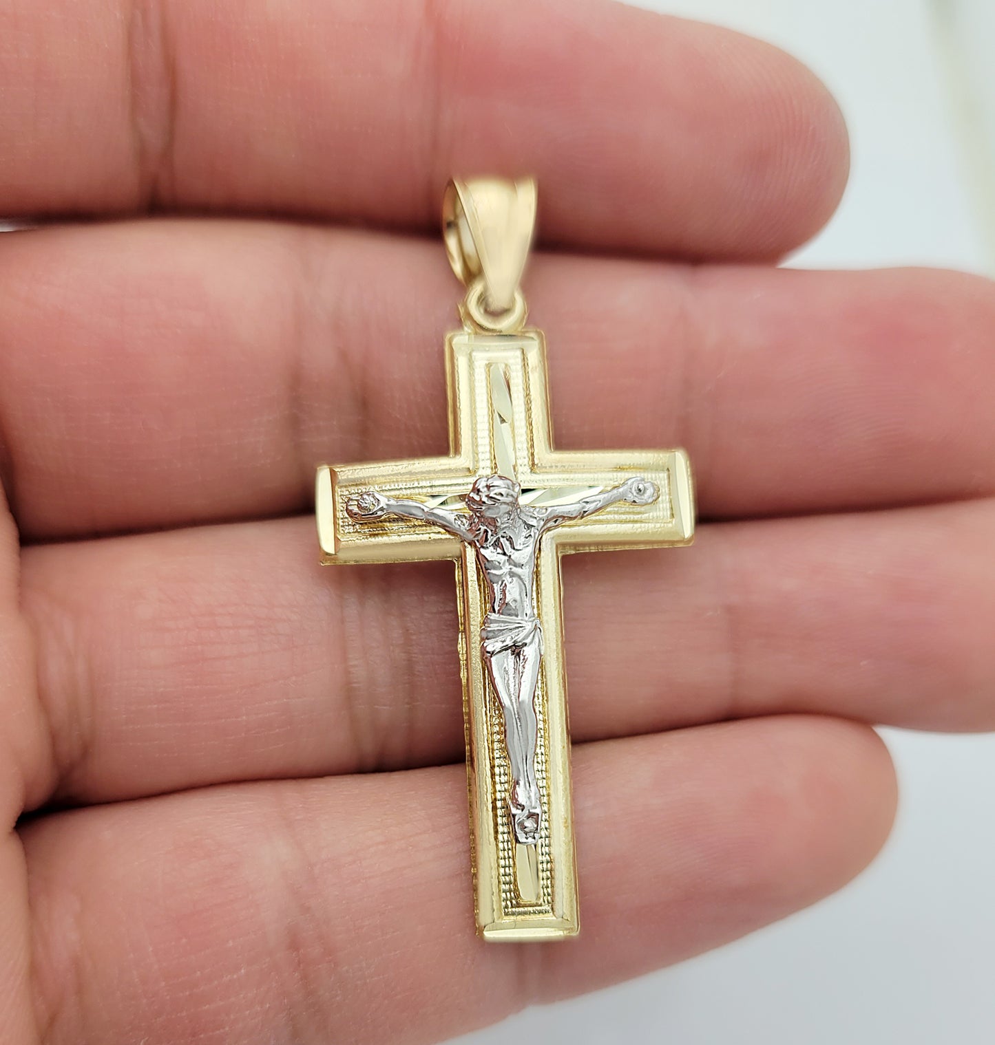 Mens 10k Yellow Gold White Gold Two Tone Cross Pendant Diamond Cut 2.1 inch