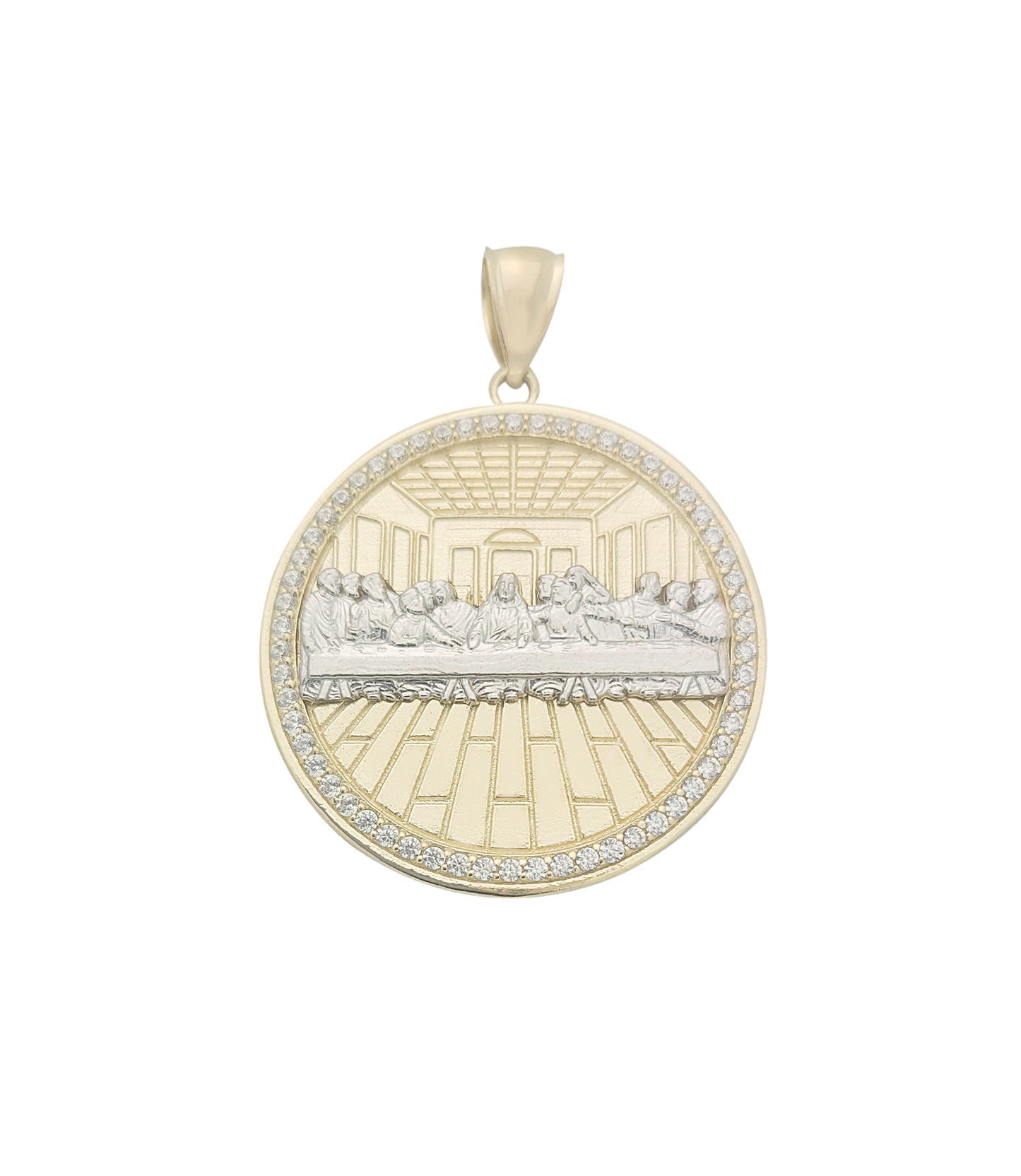 10K Yellow Gold Last Supper Pendant Last Supper Medal Round Medallion With CZ