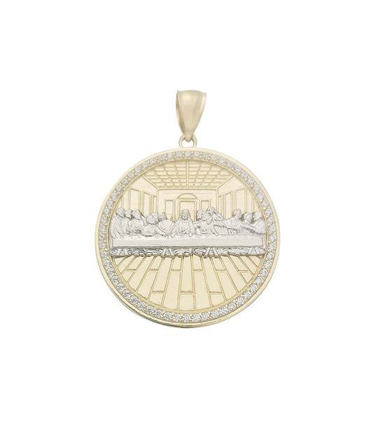 10K Yellow Gold Last Supper Pendant Last Supper Medal Round Medallion With CZ