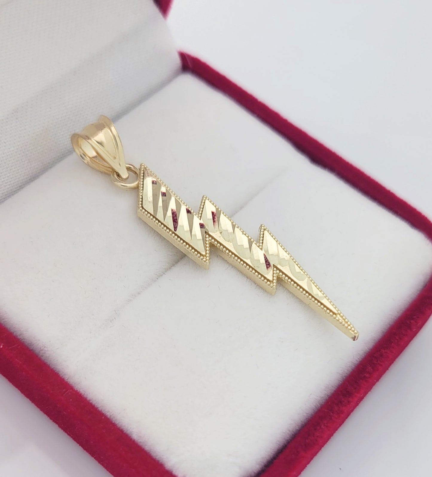 Solid 10K Yellow Gold Lightning Bolt Necklace Pendant Diamond Cut 1.7 inch