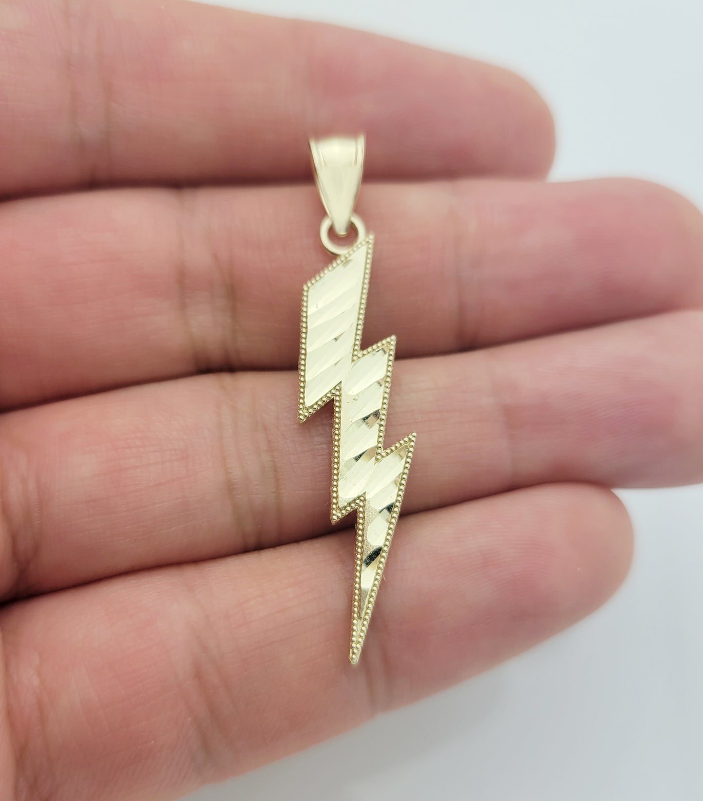 Solid 10K Yellow Gold Lightning Bolt Necklace Pendant Diamond Cut 1.7 inch