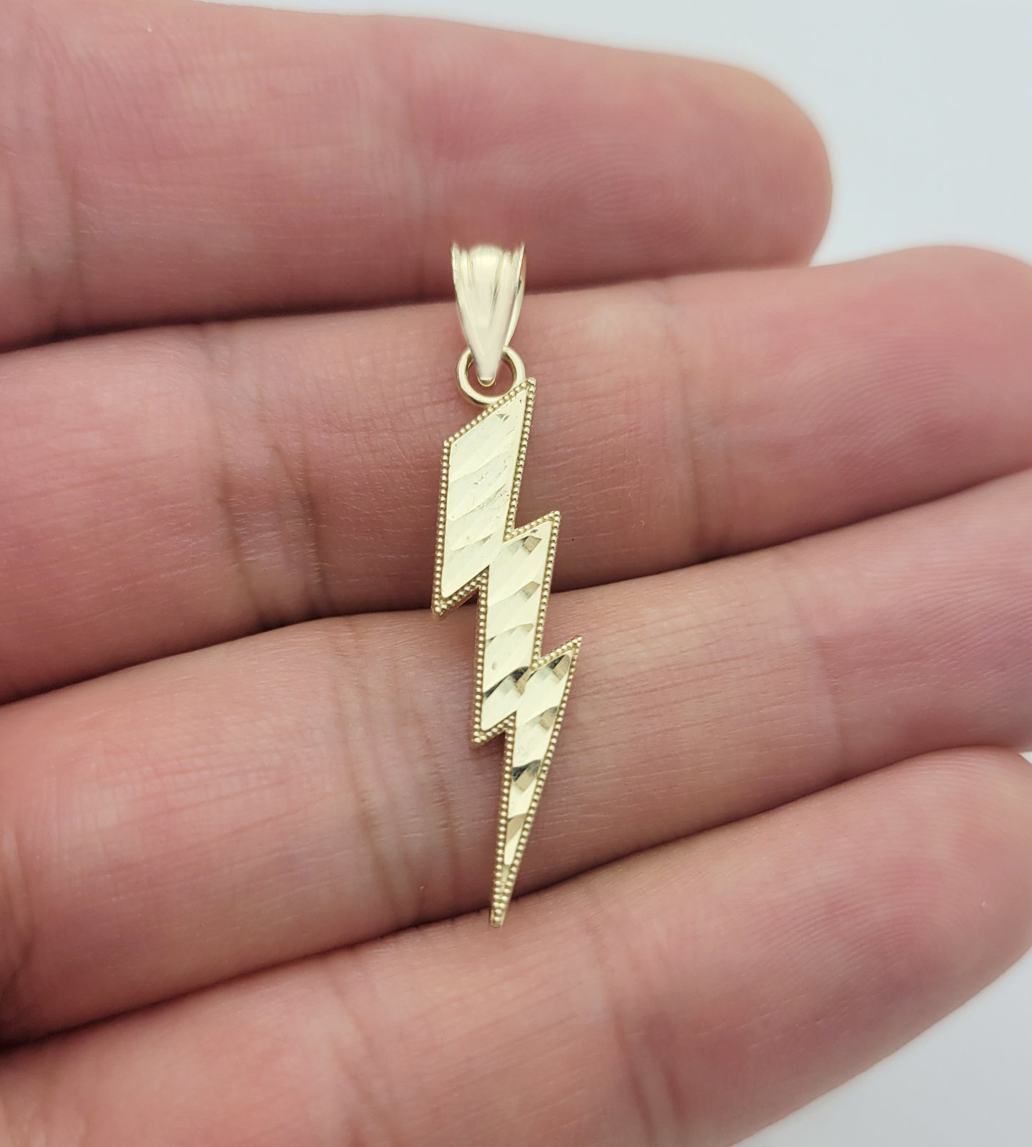 Solid 10K Yellow Gold Lightning Bolt Necklace Pendant Diamond Cut 1.3 inch