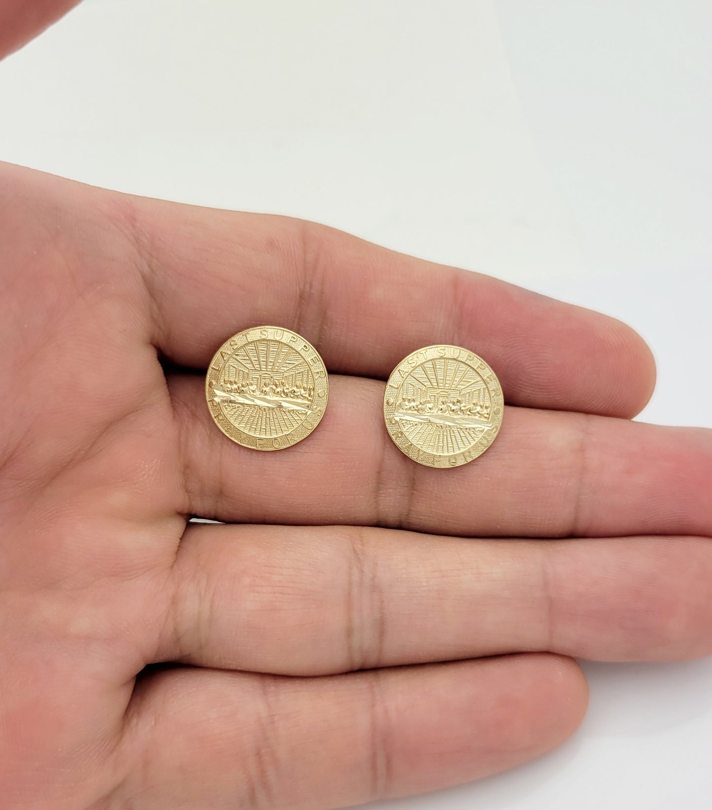 Men's Gold Last Supper Earrings 10K Yellow Gold Round Last Supper Earrings
