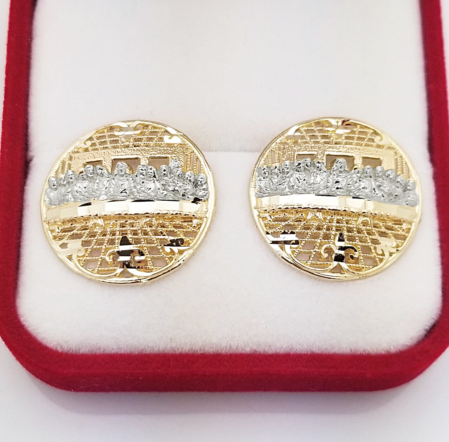Men's Gold Last Supper Earrings 10K Yellow Gold Large Round Earrings