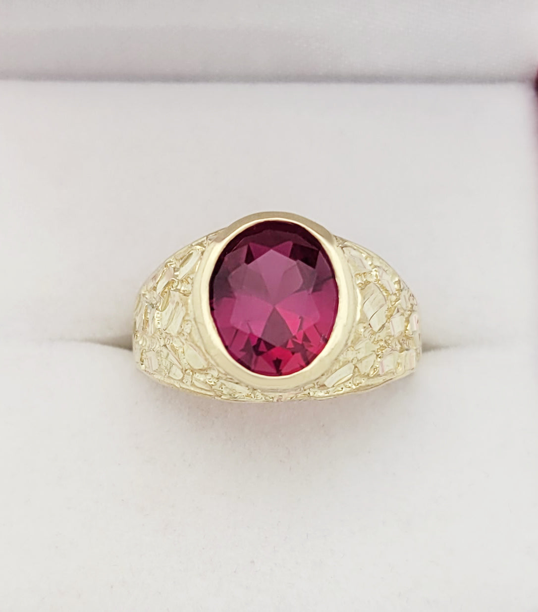 10K Yellow Gold Mens Oval Red CZ Nugget Gold Ring