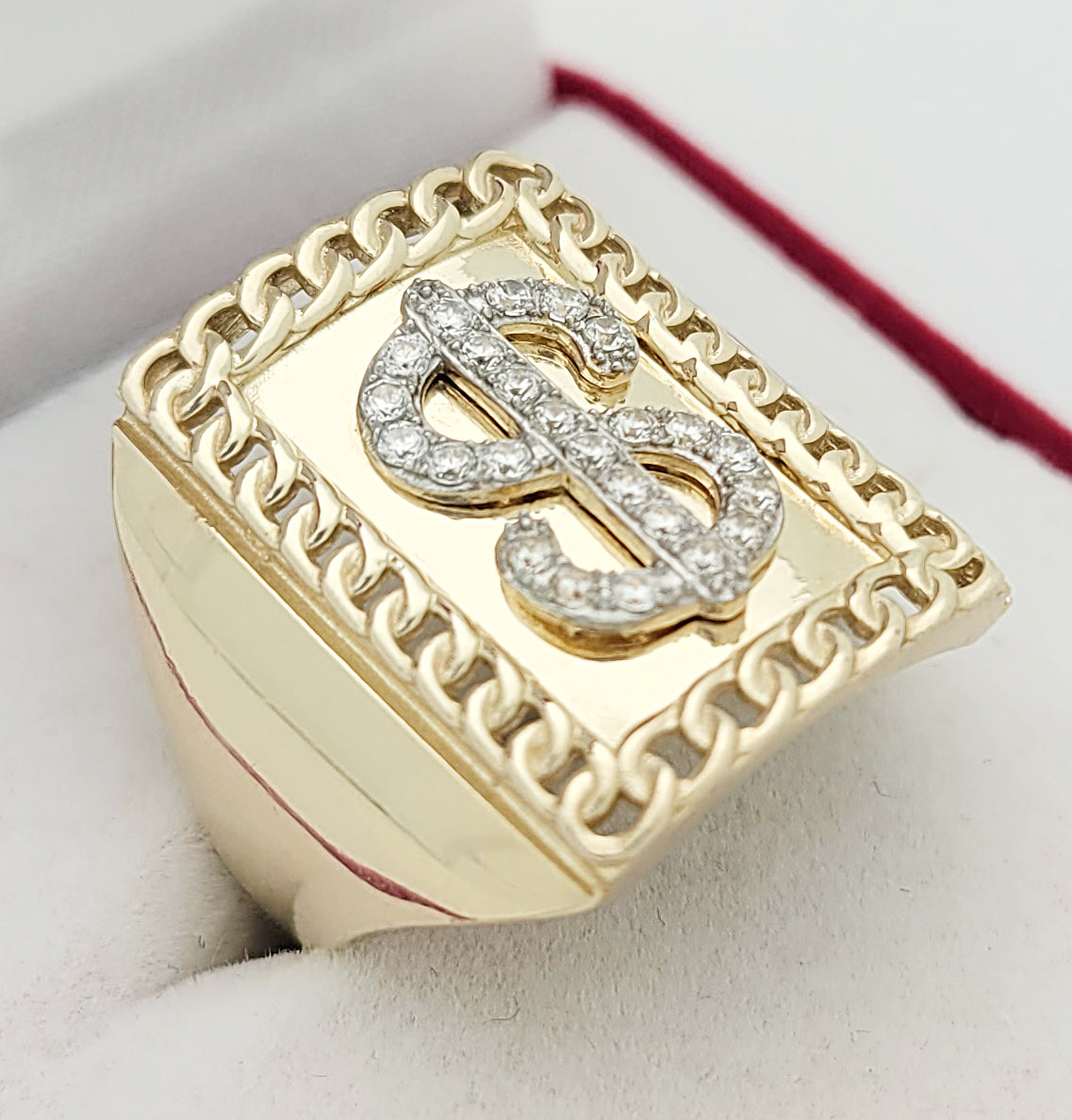 Men's 10k Yellow Gold Dollar Sign Ring $ Ring Cuban Link Rim
