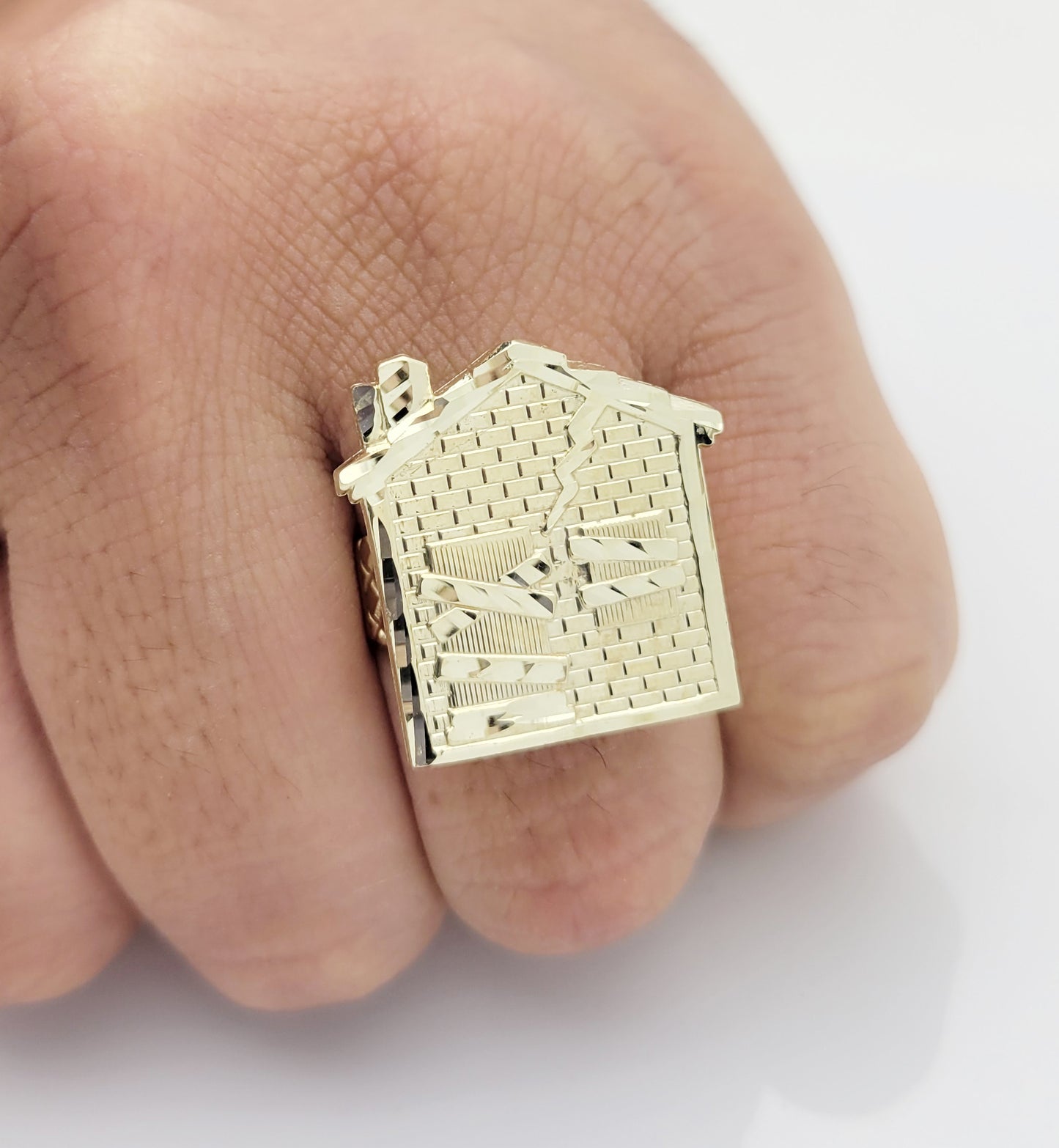 10K Yellow Gold Trap House Ring Head Size 0.95 in x 0.9 in