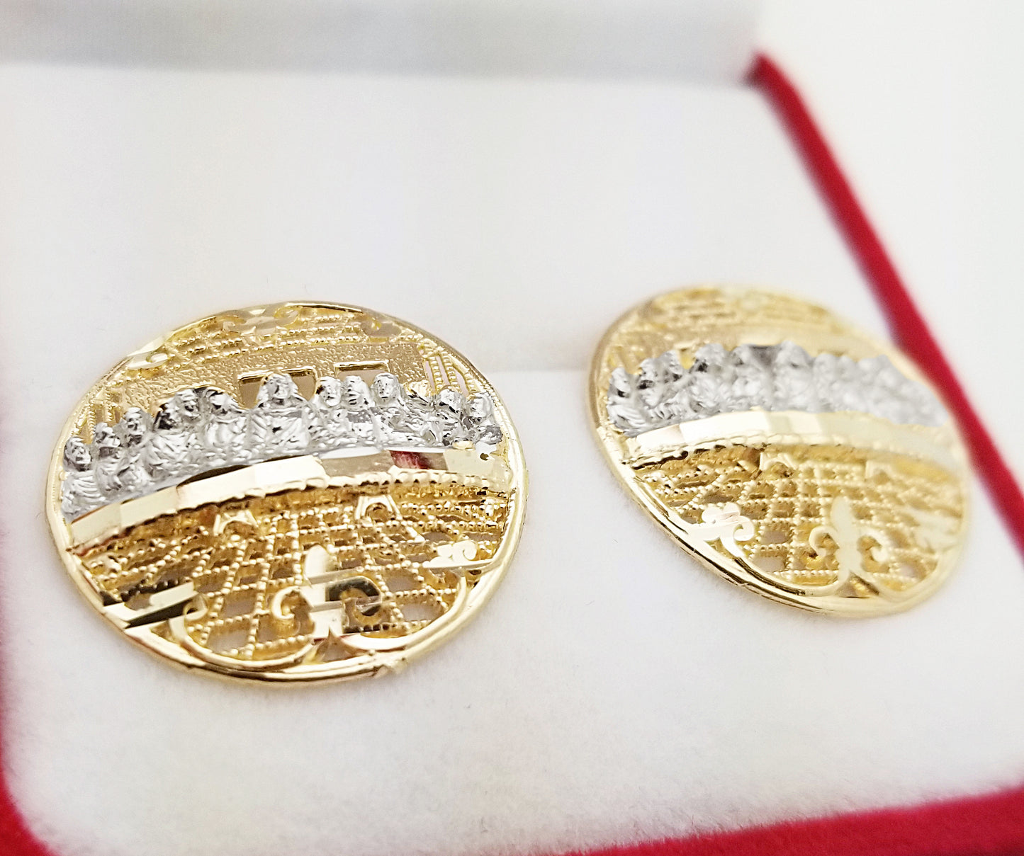 Men's Gold Last Supper Earrings 10K Yellow Gold Large Round Earrings