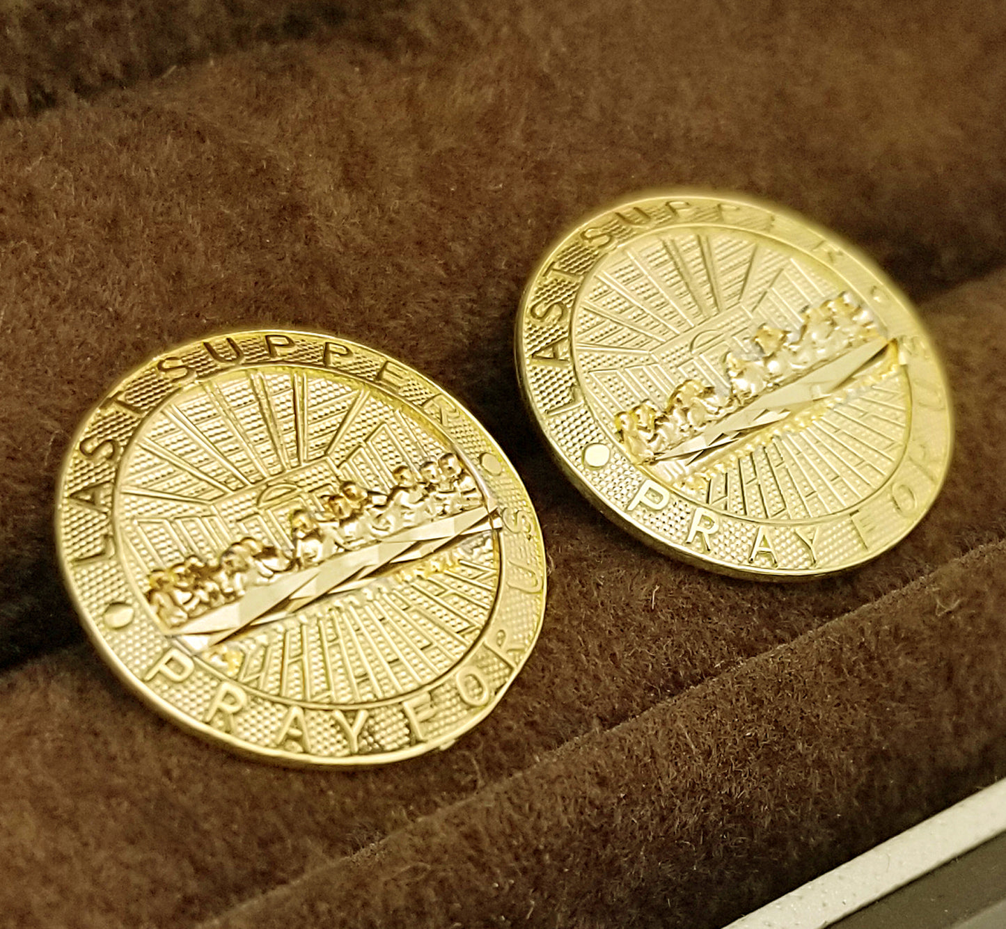 Men's Gold Last Supper Earrings 10K Yellow Gold Round Last Supper Earrings