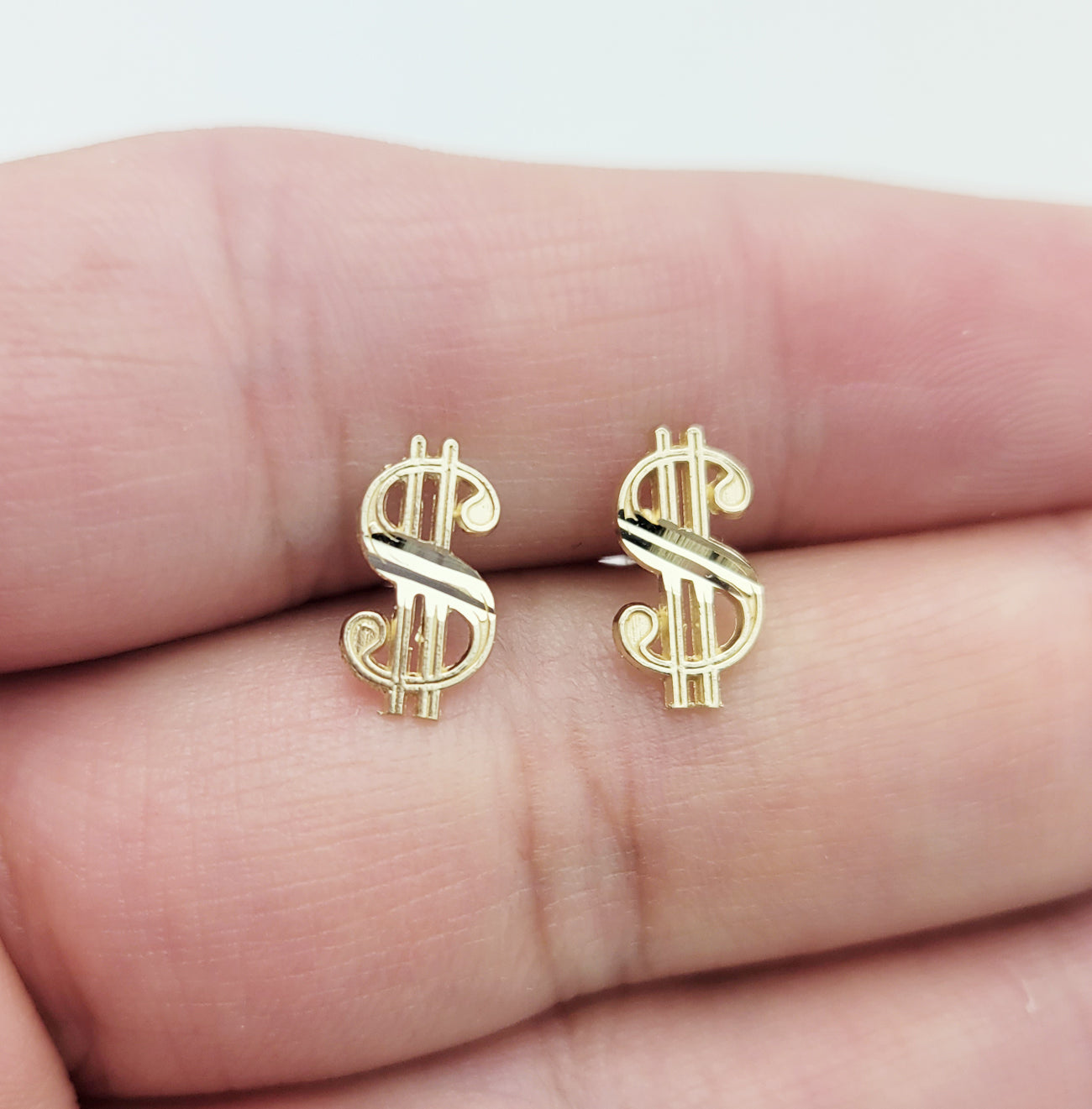 10K Yellow Gold Dollar Sign Earrings Money Symbol Earrings 12 mm x 6 mm