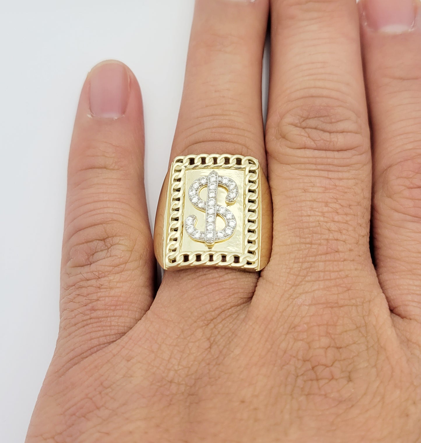 Men's 10k Yellow Gold Dollar Sign Ring $ Ring Cuban Link Rim