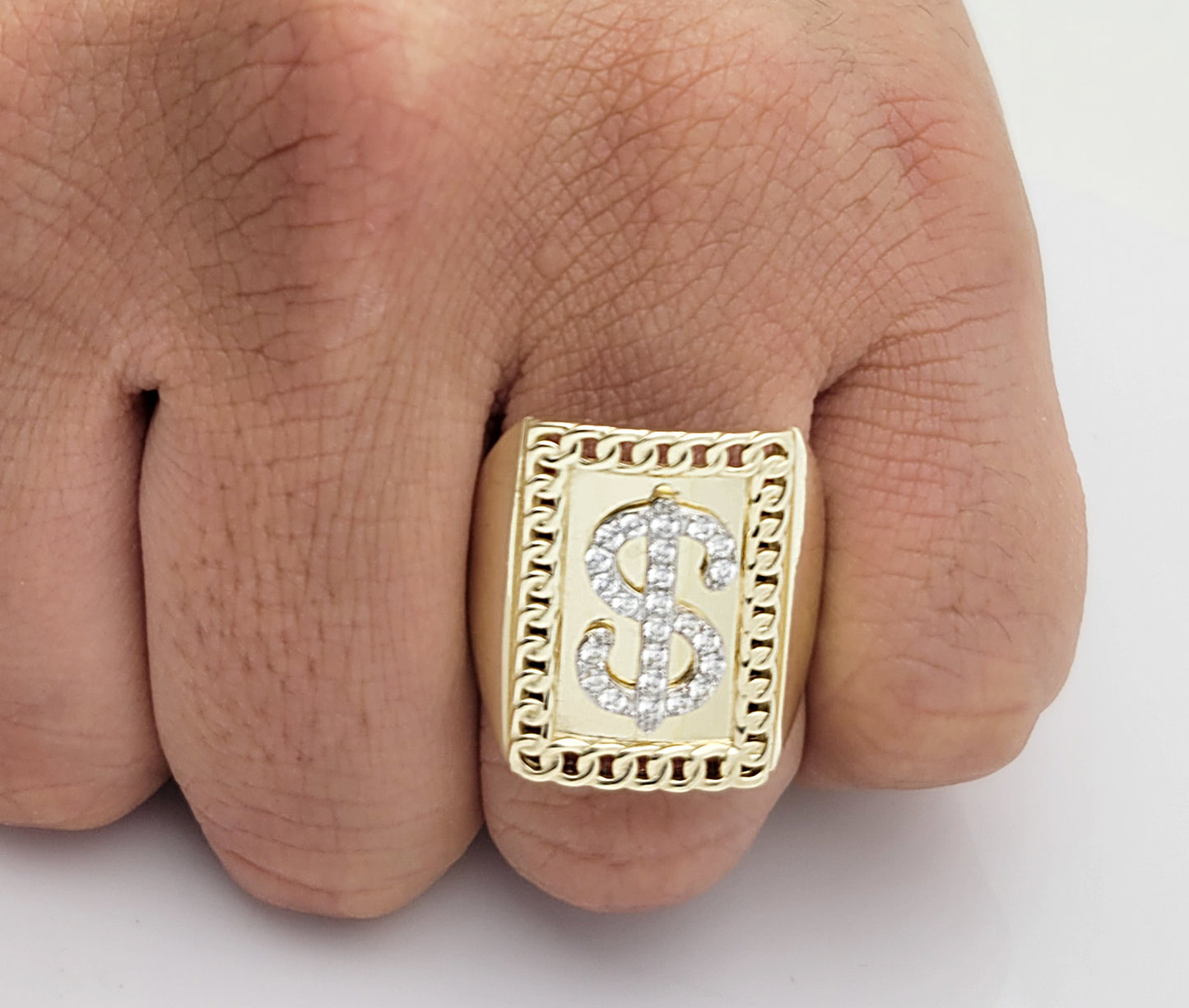 Men's 10k Yellow Gold Dollar Sign Ring $ Ring Cuban Link Rim