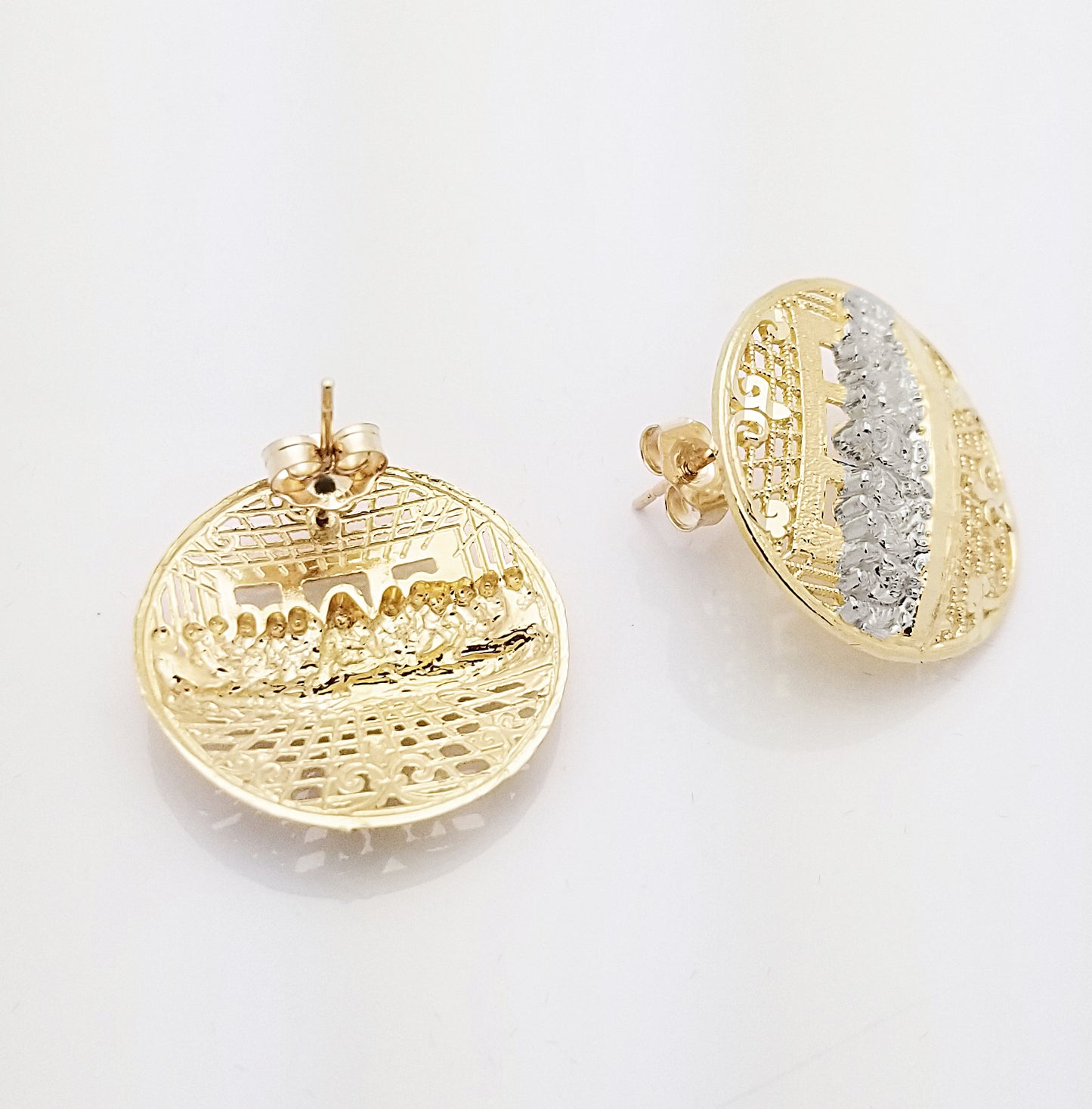 Men's Gold Last Supper Earrings 10K Yellow Gold Large Round Earrings