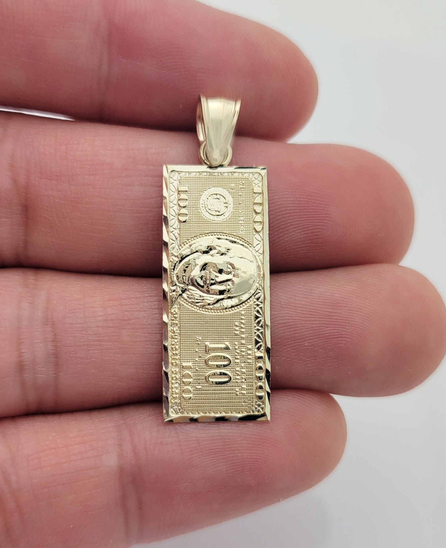 10K Yellow Gold Hundred Dollar Bill Pendant Benjamin Franklin Bill Charm