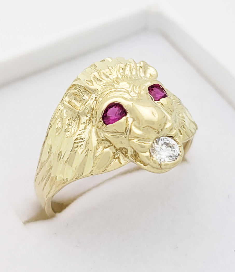 Men's Lion Head Ring 10K Yellow Gold Lion Face Ring Size 11