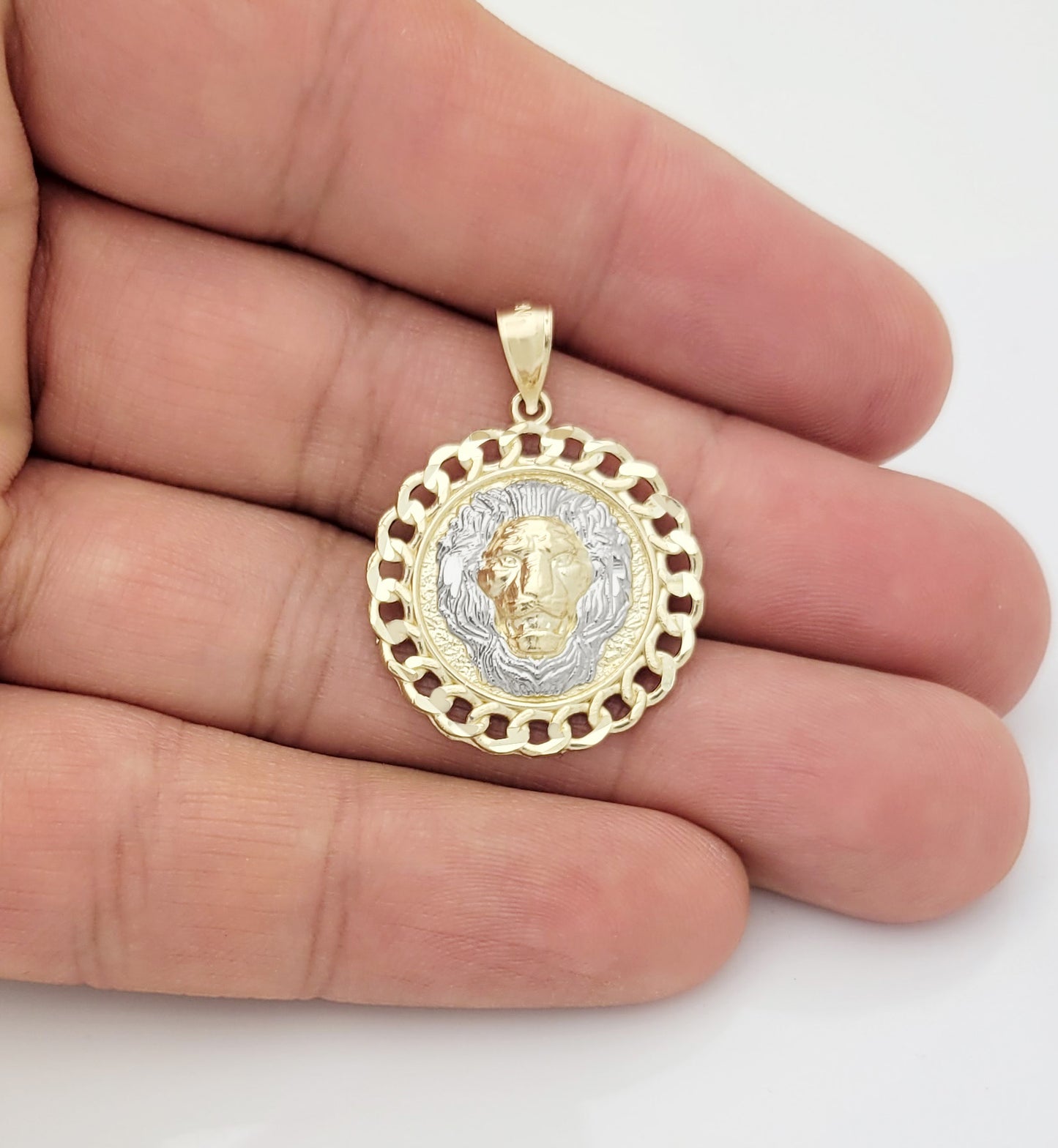 10K Yellow Gold Lion Face Charm Lion Head Pendant Cuban Frame