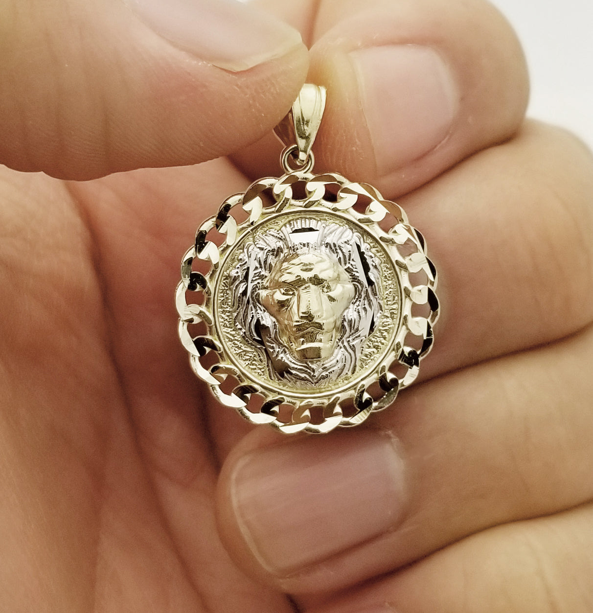 10K Yellow Gold Lion Face Charm Lion Head Pendant Cuban Frame