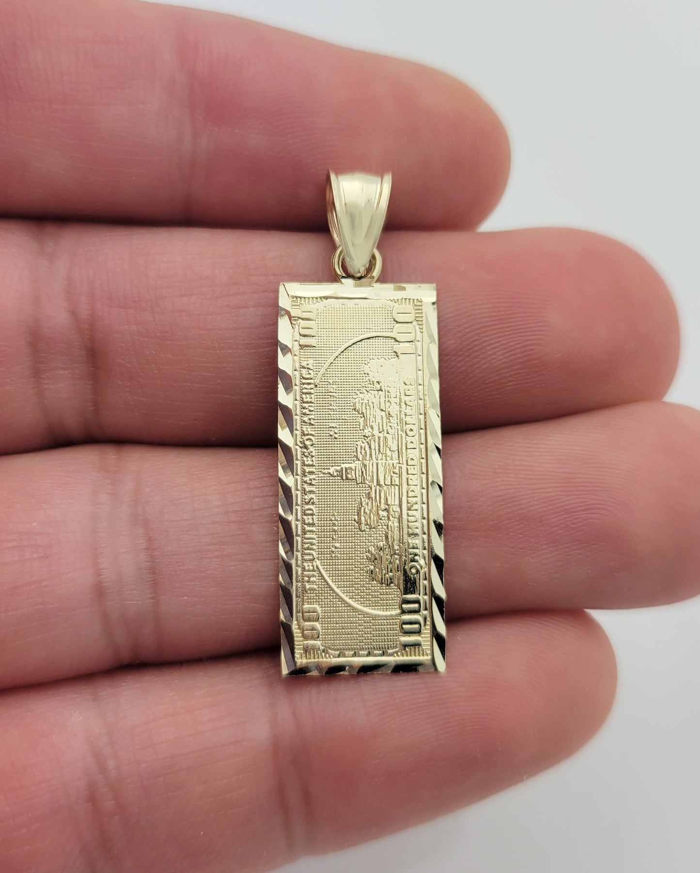 10K Yellow Gold Hundred Dollar Bill Pendant Benjamin Franklin Bill Charm