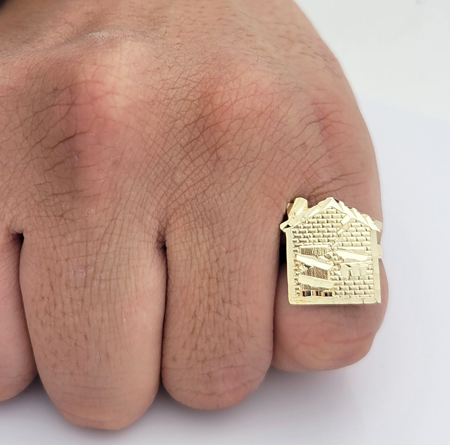 10K Yellow Gold Trap House Ring Pinky Ring Size 7 Head Size 0.7 in x 0.65 in