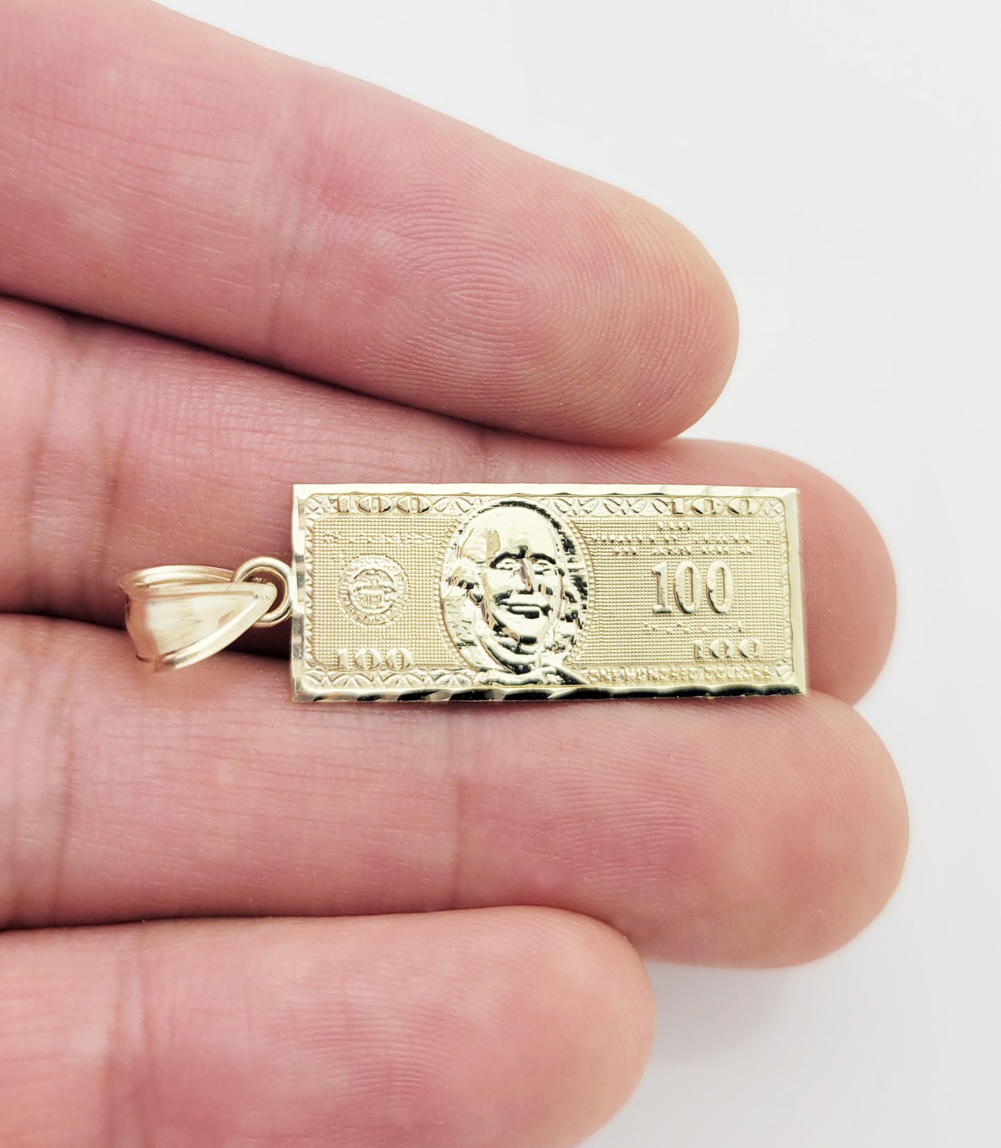 10K Yellow Gold Hundred Dollar Bill Pendant Benjamin Franklin Bill Charm