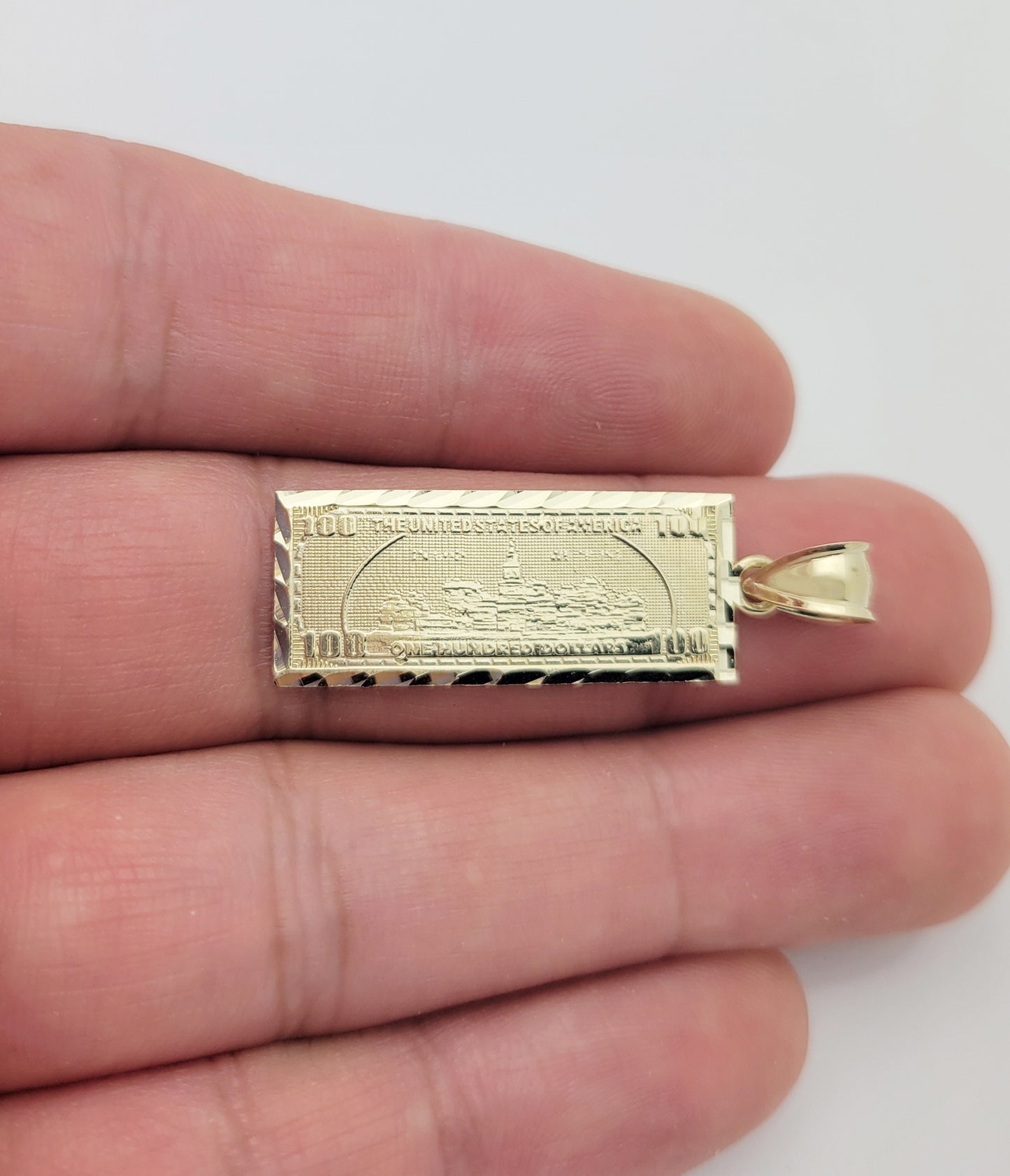 10K Yellow Gold Hundred Dollar Bill Pendant Benjamin Franklin Bill Charm