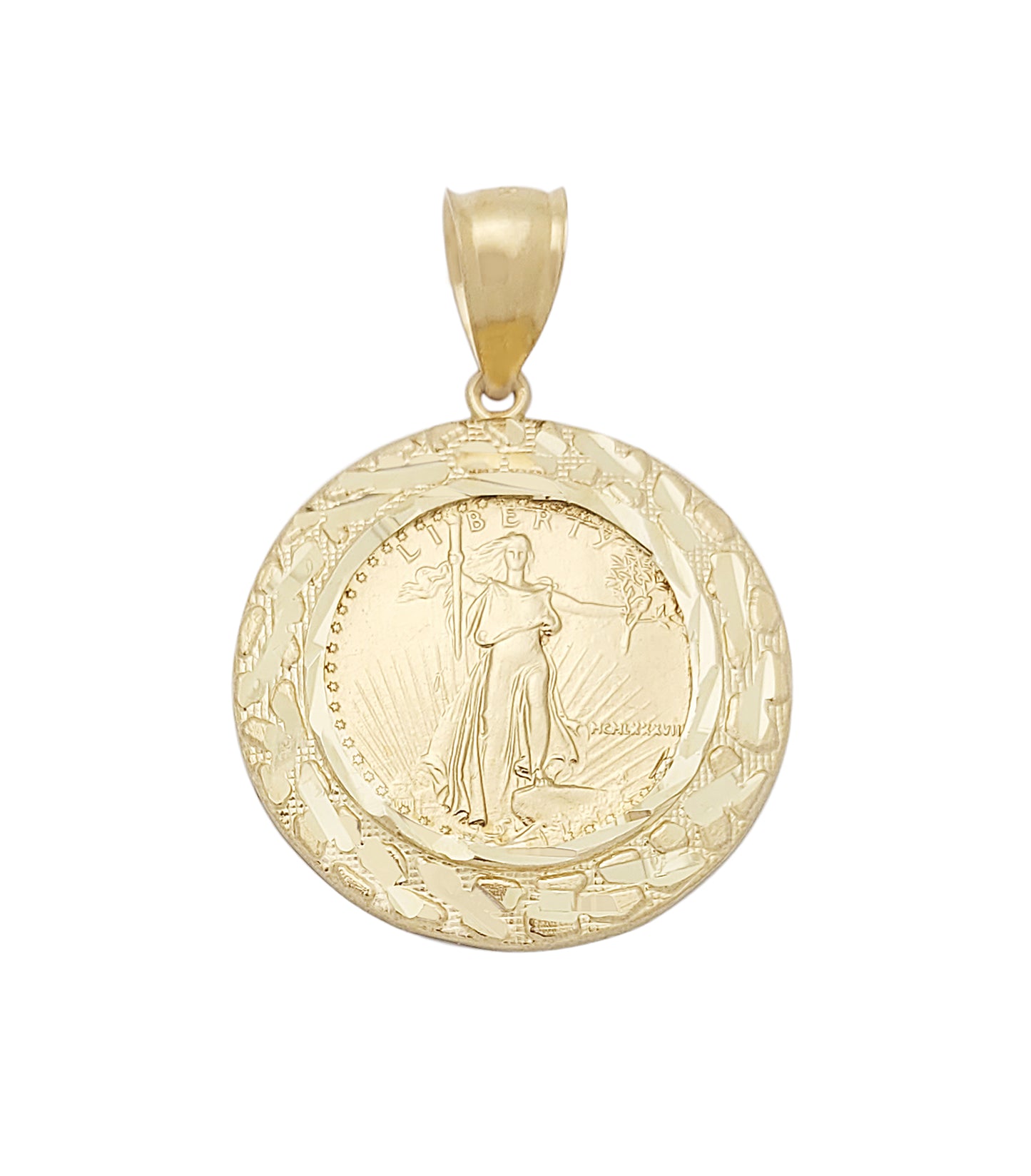 10K Yellow Gold Mens Walking Liberty Coin And Bezel Pendant 1.2 inch Diameter Medallion
