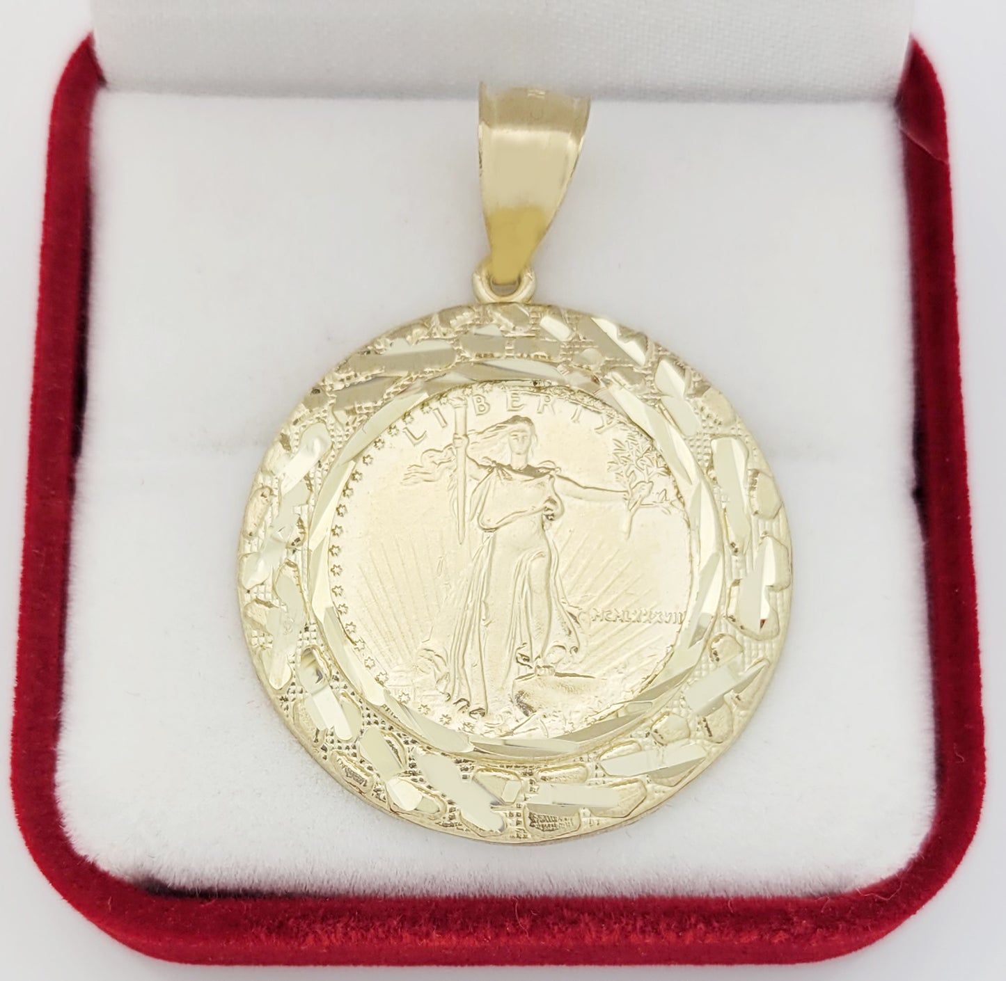 10K Yellow Gold Mens Walking Liberty Coin And Bezel Pendant 1.2 inch Diameter Medallion