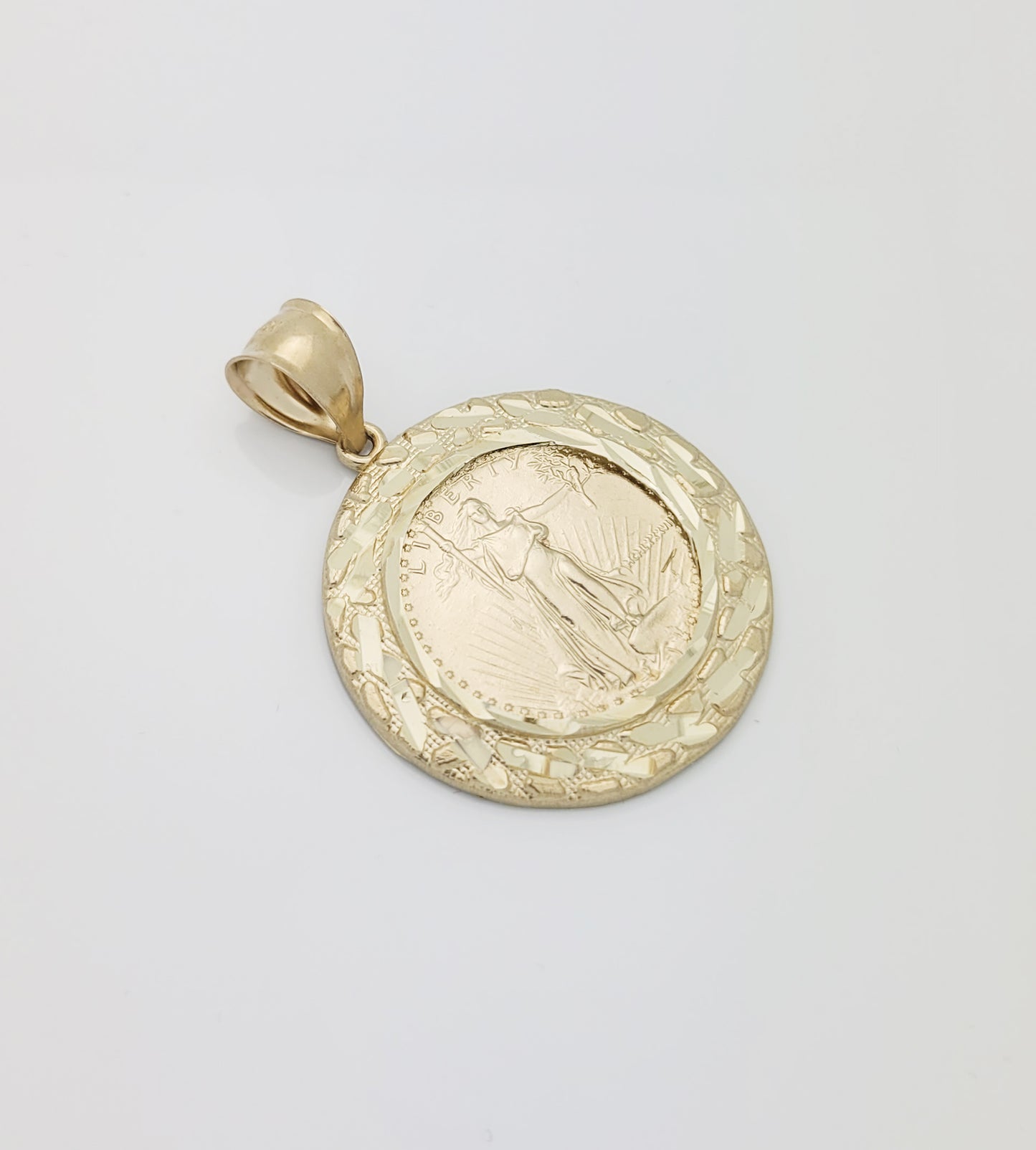 10K Yellow Gold Mens Walking Liberty Coin And Bezel Pendant 1.2 inch Diameter Medallion