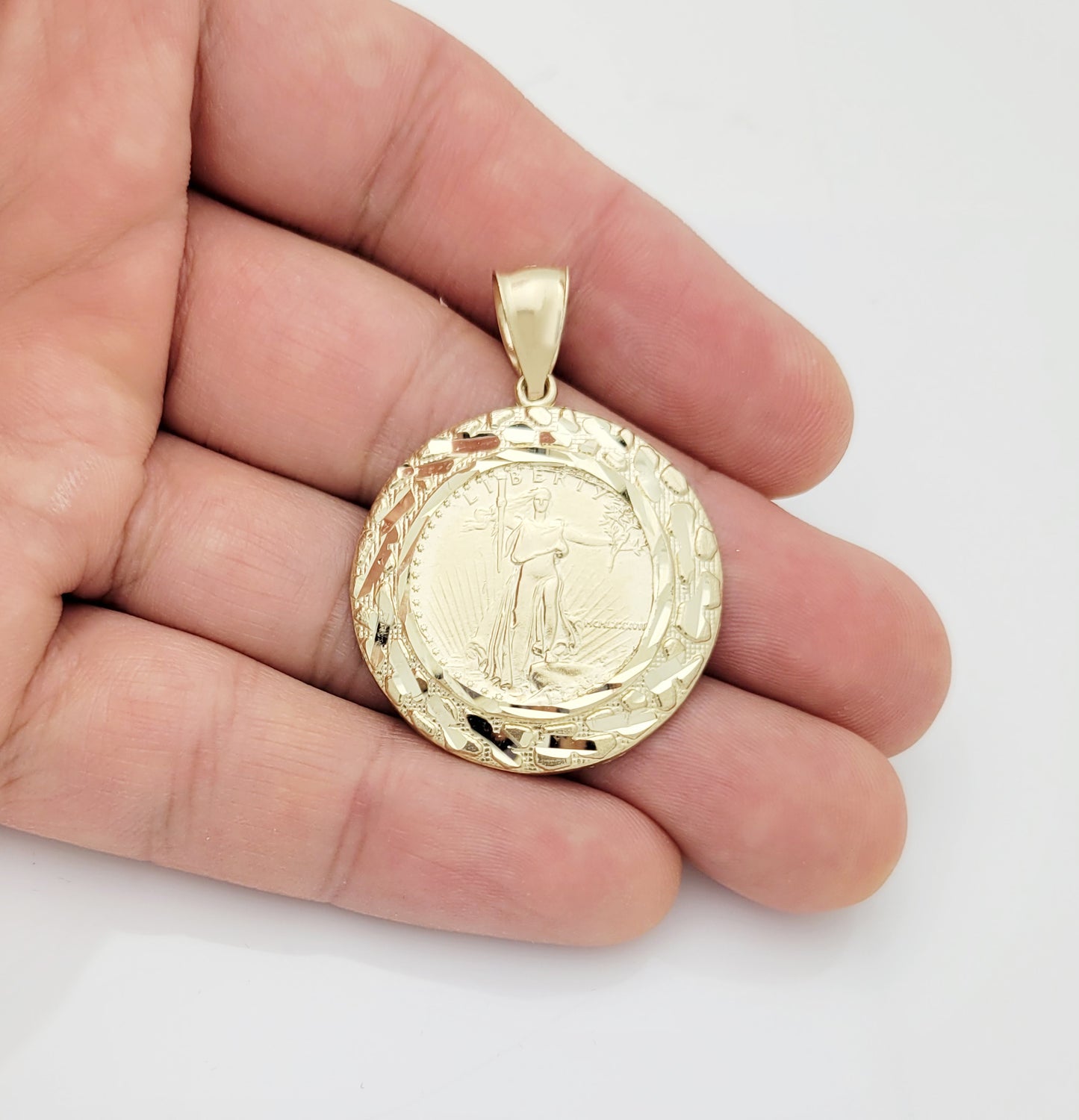 10K Yellow Gold Mens Walking Liberty Coin And Bezel Pendant 1.2 inch Diameter Medallion