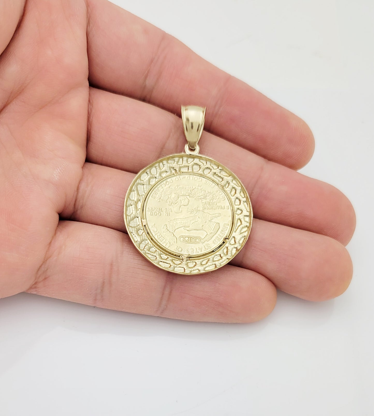 10K Yellow Gold Mens Walking Liberty Coin And Bezel Pendant 1.2 inch Diameter Medallion