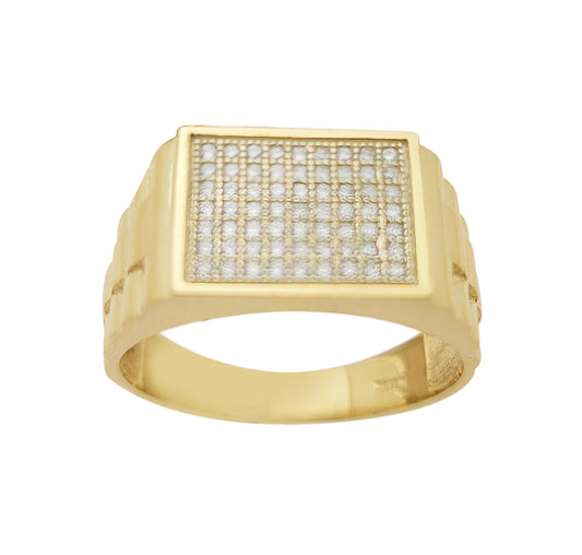 Mens Gold CZ Ring Micro Pave Setting 10K Yellow Gold Rolex Style