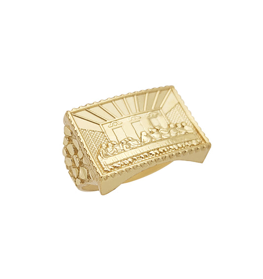 10K Yellow Gold Thin Last Supper Ring For Men Size 10.5