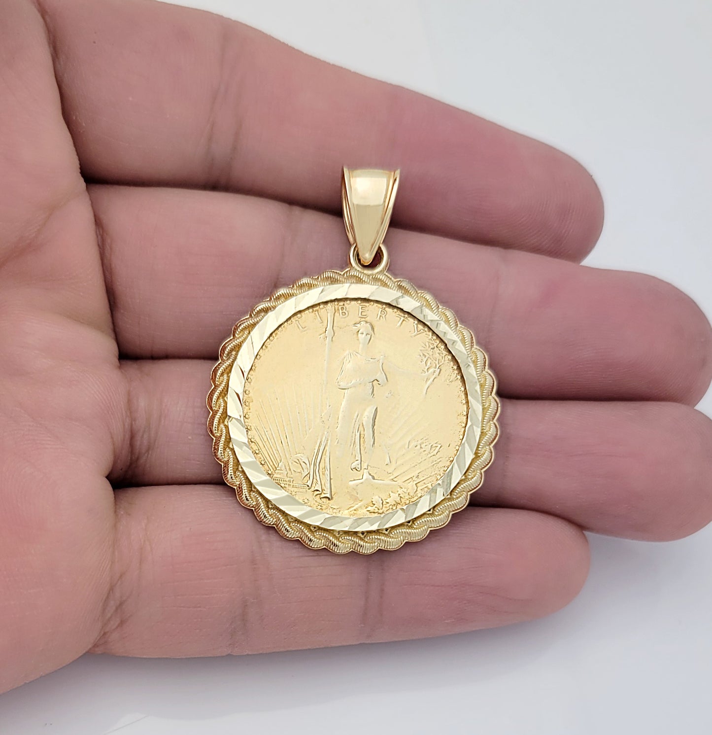 10K Yellow Gold Walking Liberty Coin Pendant Rope Bezel 1.3 Diameter