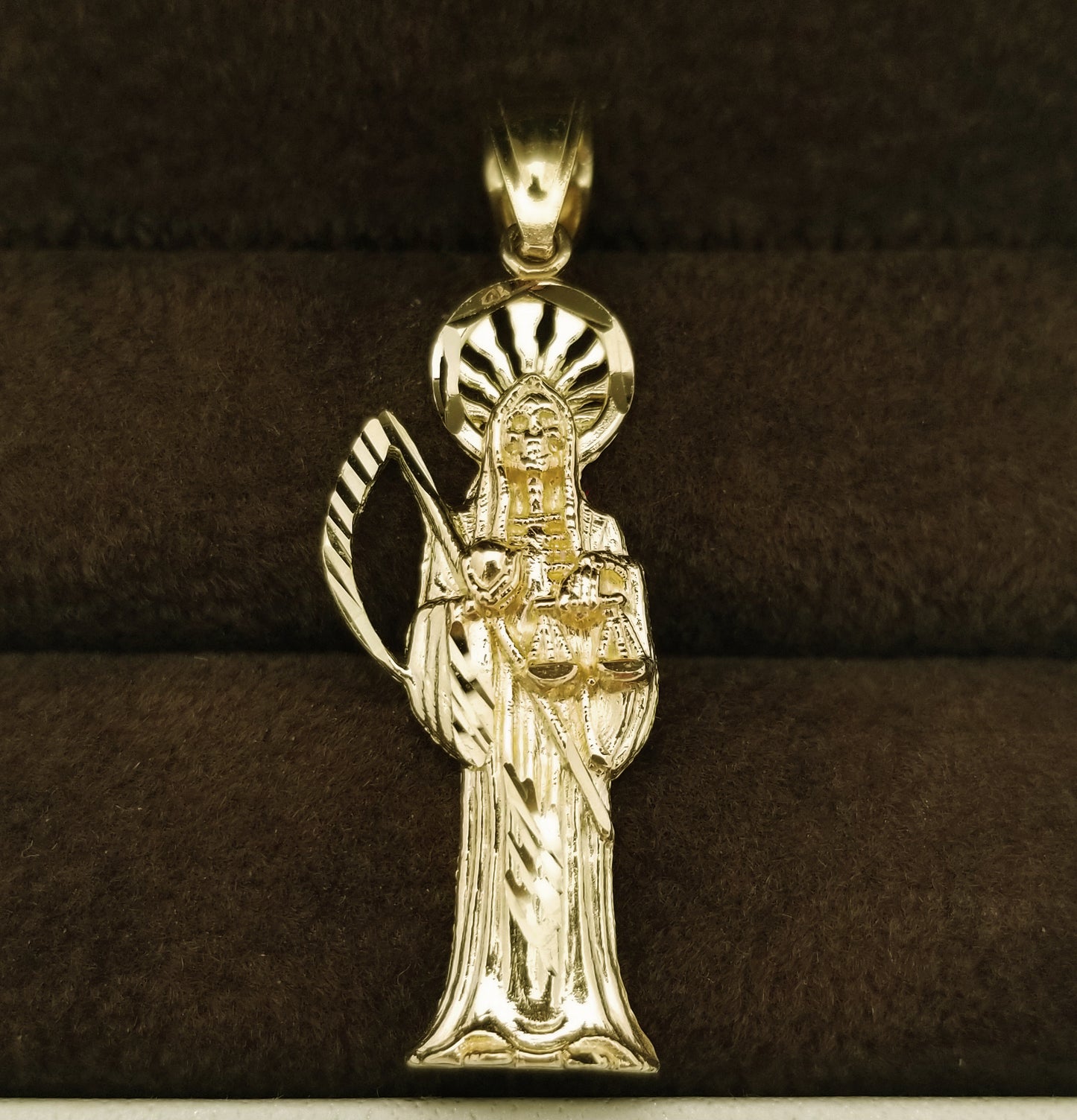 10k Yellow Gold Santa Muerte Pendant Charm 1.5 in