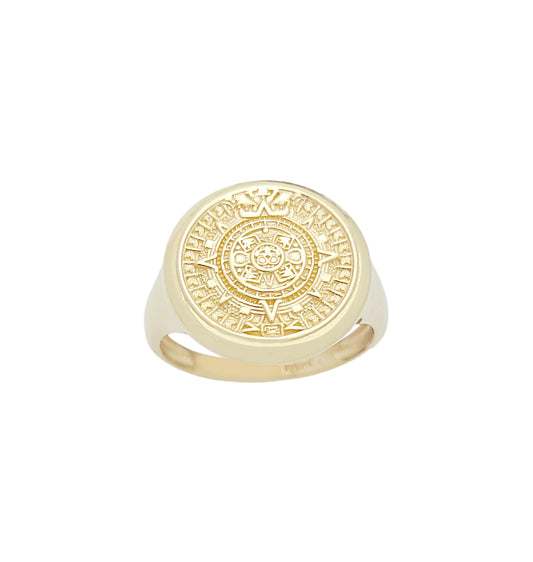 10K Yellow Gold Aztec Mayan Calendar Ring Mens Aztec Calendar Gold Ring 16 mm