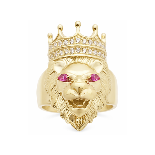 Men's Lion Head Ring 10K Yellow Gold Crown Lion Face Ring 1.0 in x 0.55 in