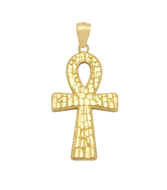Men's 10k Yellow Gold Nugget Egyptian Ankh Cross Pendant
