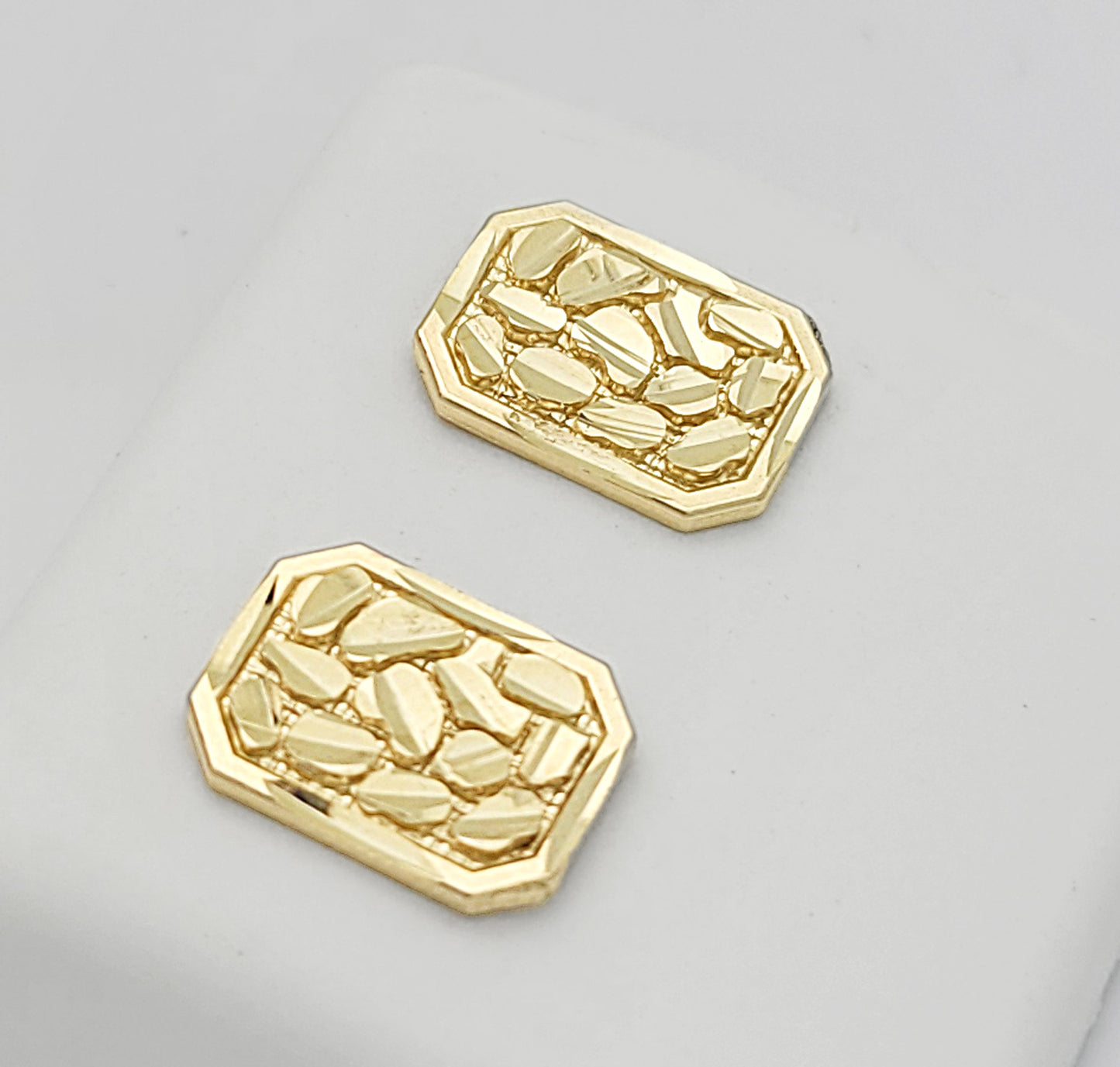 10K Gold Nugget Earrings for Men & Women, Real Yellow Gold Octagon Rectangular Studs, Hip Hop Jewelry