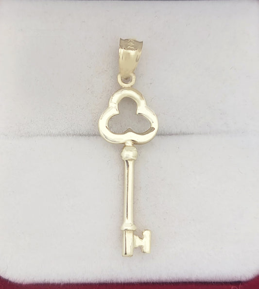 10K Gold Key Pendant for Women, Clover Lucky Charm Pendant Only, Dainty Minimalist Fine Jewelry, Gift for Her