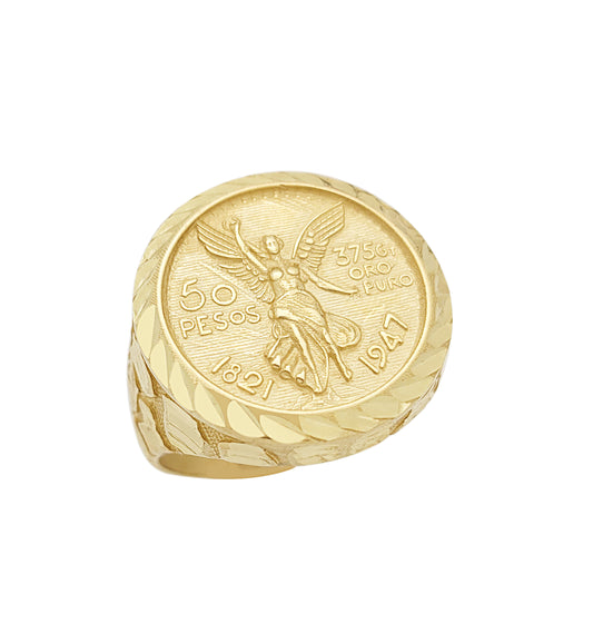 10K Yellow Gold 50 Pesos 1821 Coin Design Ring Thin Gold Ring