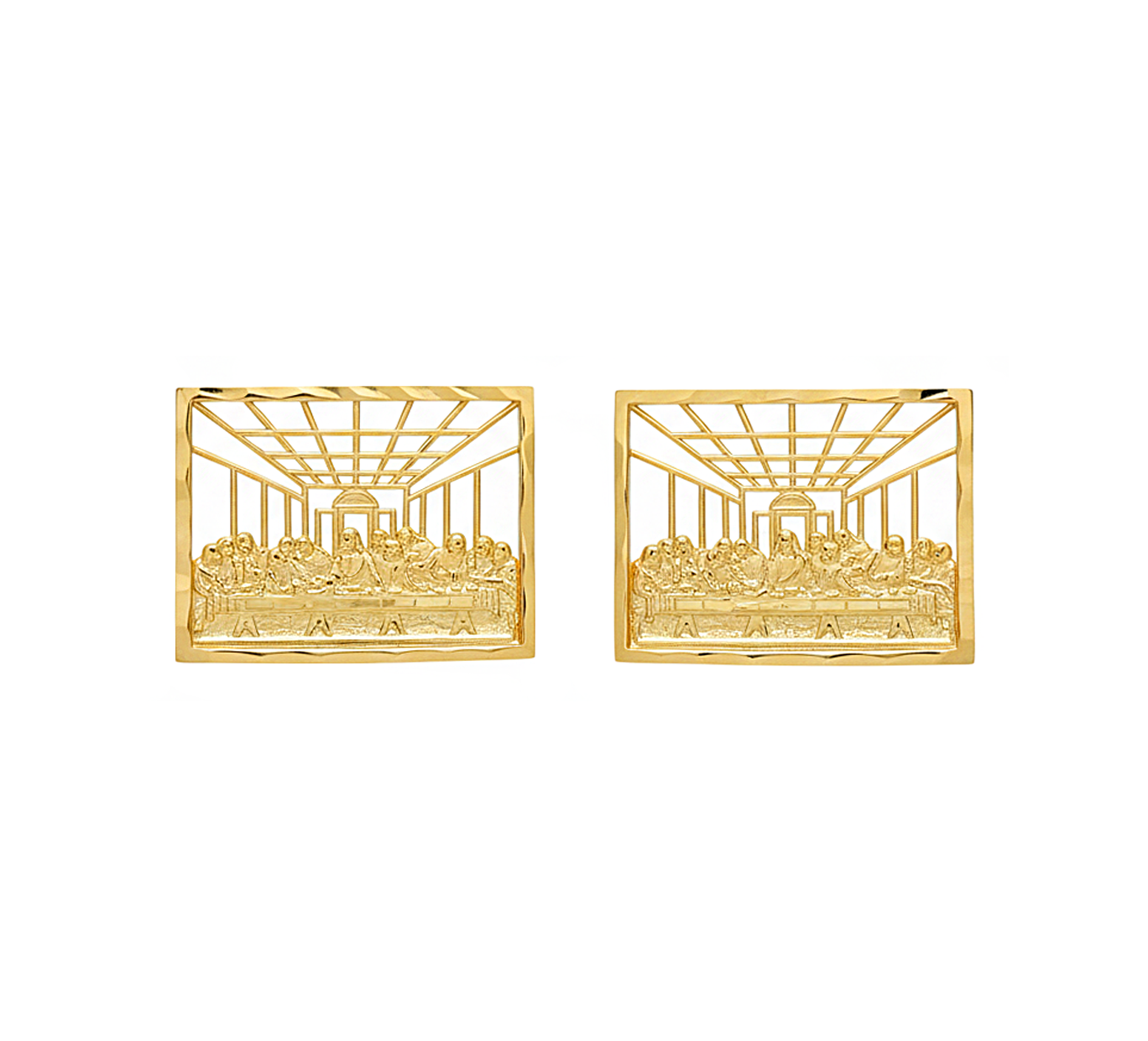 Men's Gold Last Supper Earrings 10K Yellow Gold Rectangle Last Supper Earrings 0.75 in x 0.6 in