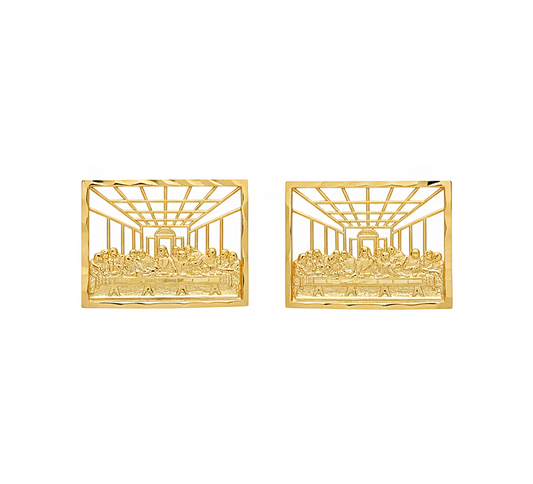Men's Gold Last Supper Earrings 10K Yellow Gold Rectangle Last Supper Earrings 0.75 in x 0.6 in