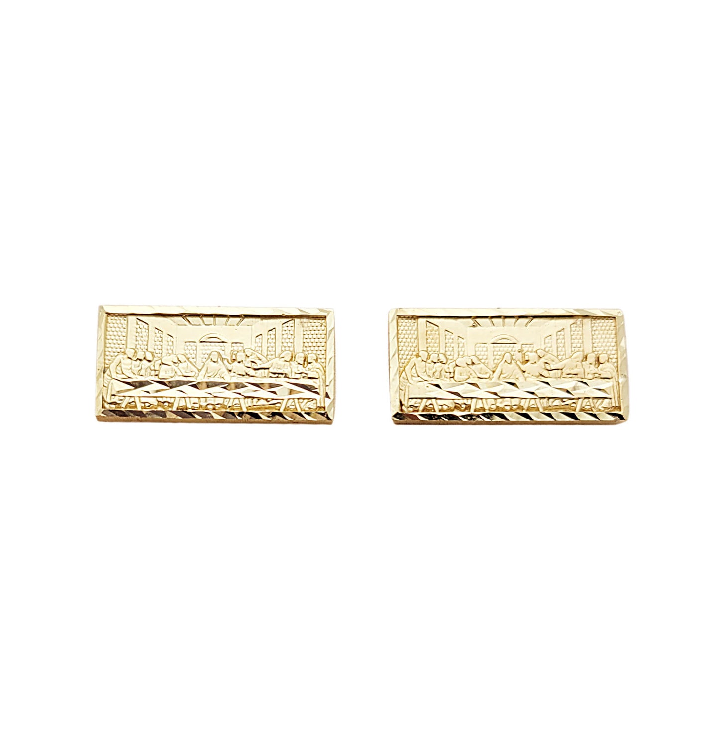 Men's Gold Last Supper Earrings 10K Yellow Gold Rectangle Last Supper Earrings 20 mm x 10 mm